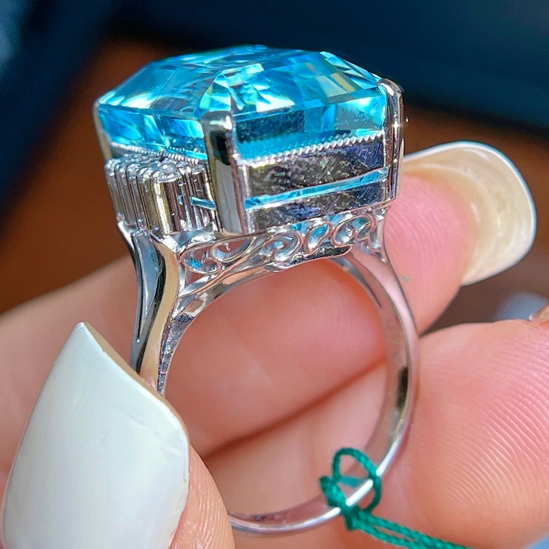 14k Gold 18 Ct Natural Aquamarine & Diamond Ring - 6
