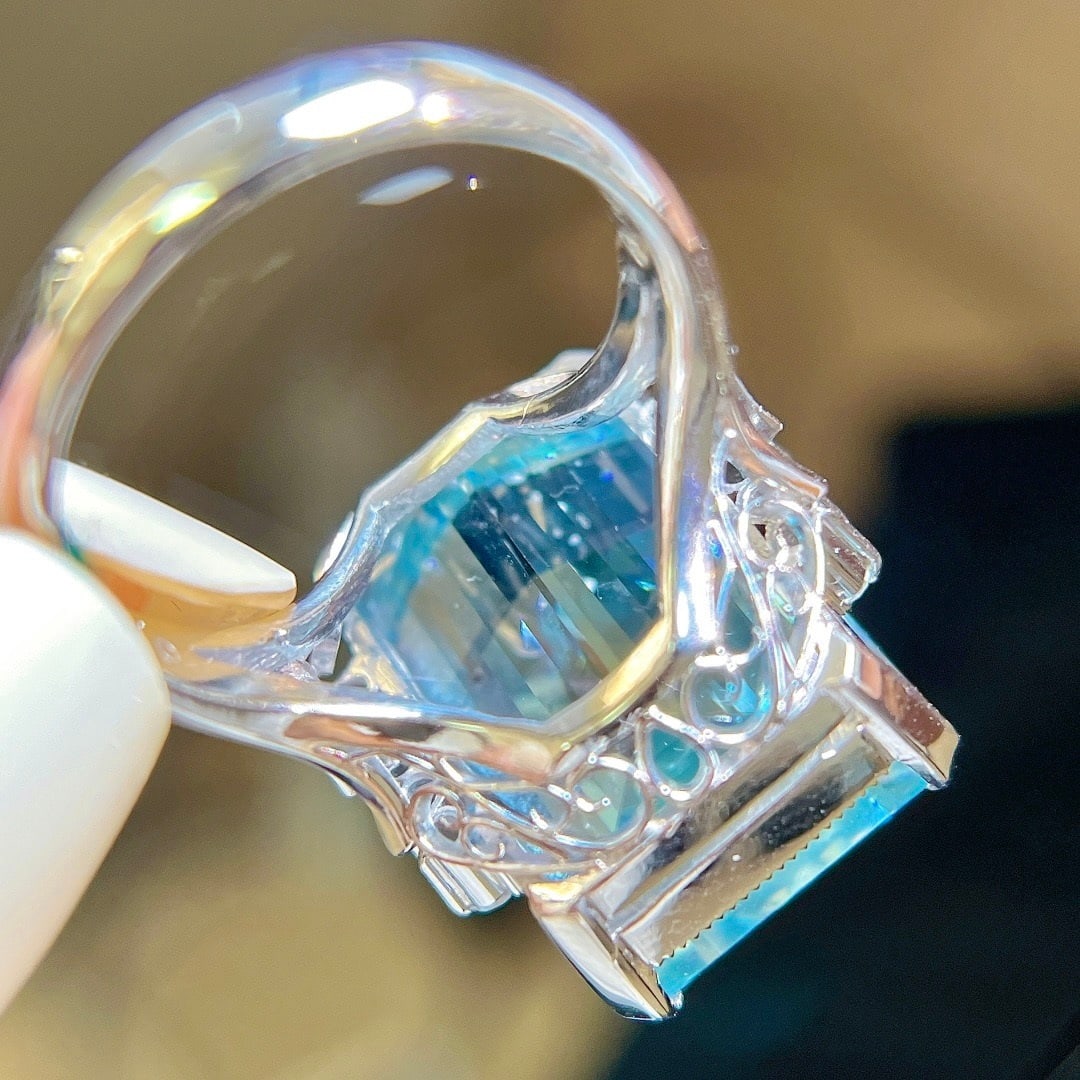 14k Gold 18 Ct Natural Aquamarine & Diamond Ring - 7