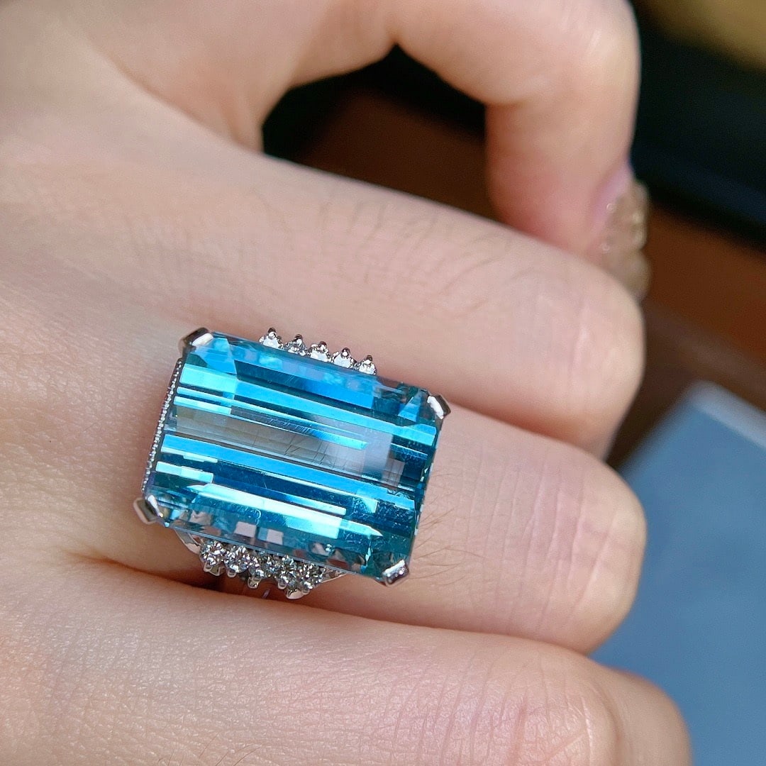 14k Gold 18 Ct Natural Aquamarine & Diamond Ring - 8