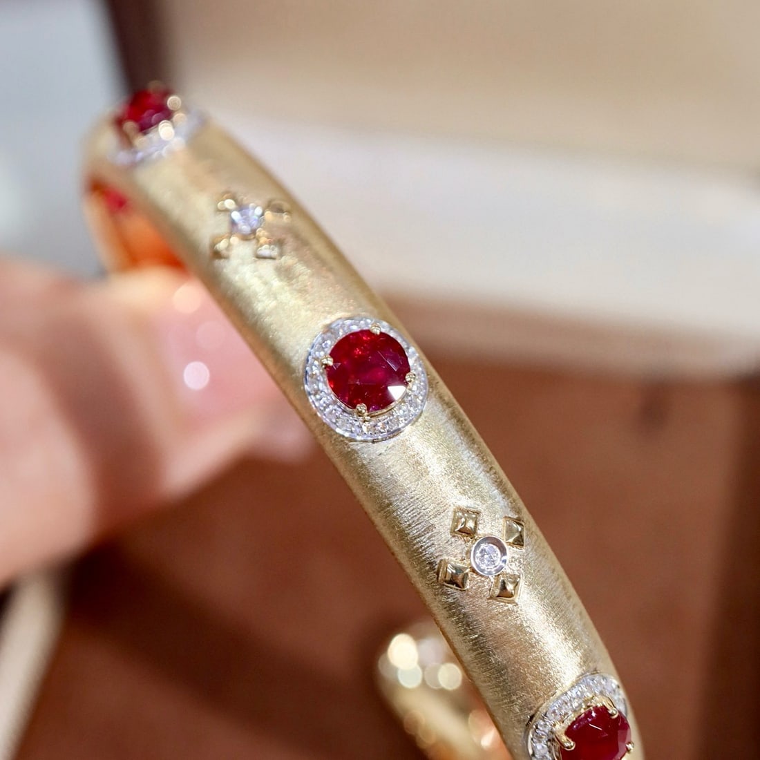 14k Gold 3.30 Ctw Vivid Red Natural Ruby & Diamond Bangle - 2