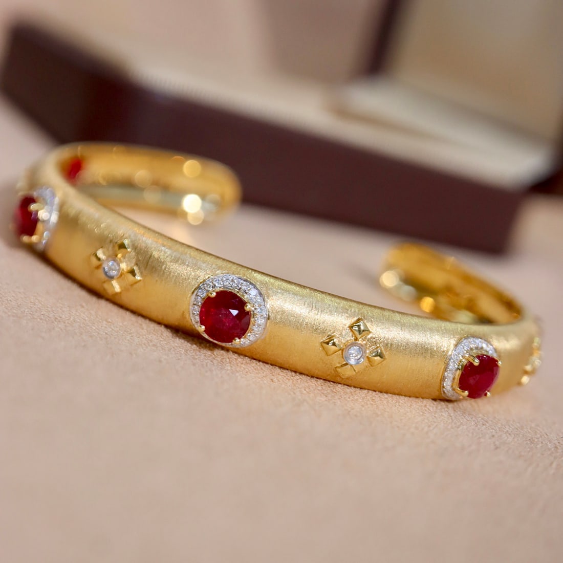 14k Gold 3.30 Ctw Vivid Red Natural Ruby & Diamond Bangle - 3
