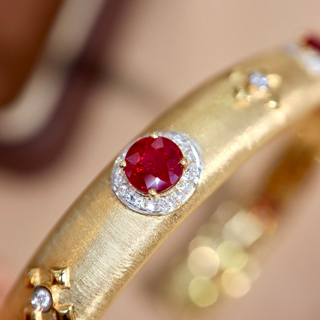 14k Gold 3.30 Ctw Vivid Red Natural Ruby & Diamond Bangle - 4