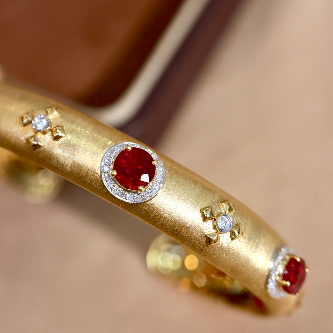 14k Gold 3.30 Ctw Vivid Red Natural Ruby & Diamond Bangle - 5