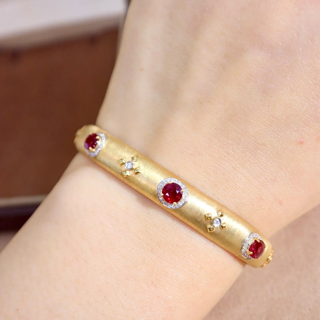 14k Gold 3.30 Ctw Vivid Red Natural Ruby & Diamond Bangle - 6