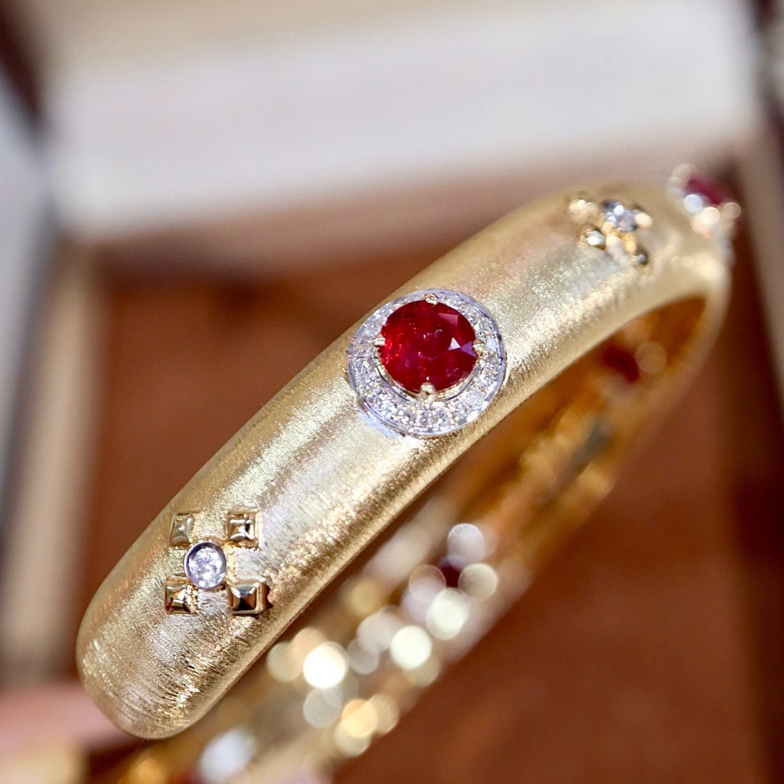 14k Gold 3.30 Ctw Vivid Red Natural Ruby & Diamond Bangle - 7