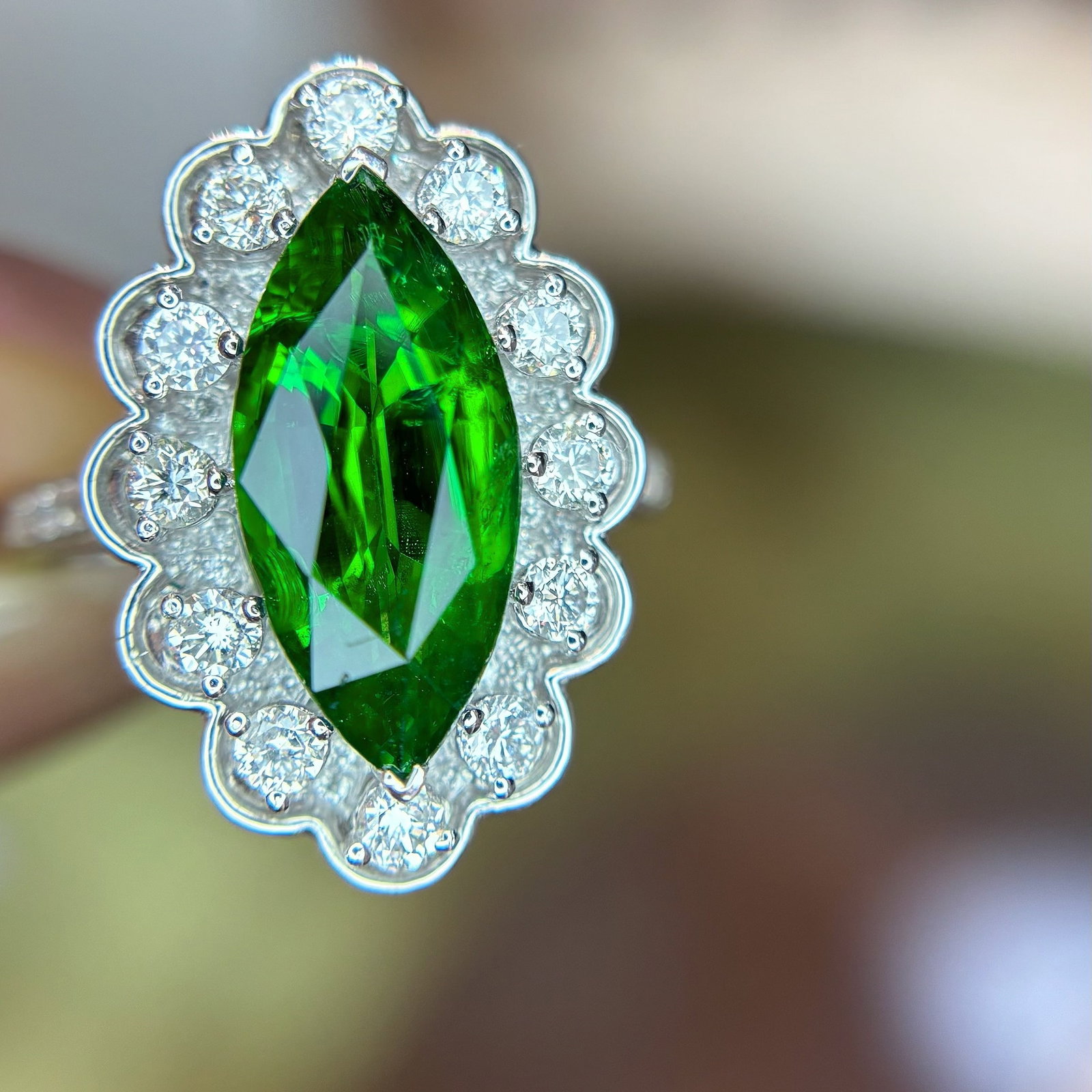 14k Gold 3.47 Ct Vivid Green Natural Tsavorite & Diamond Ring: Ref:231106224 // gold content:14k gold // ring size:7. 25us // // main gemstone:tsavorite // shape:marquise // carat weight:3. 47ct // color:vivid green // treatment:natural // // adjacent gemstone 2