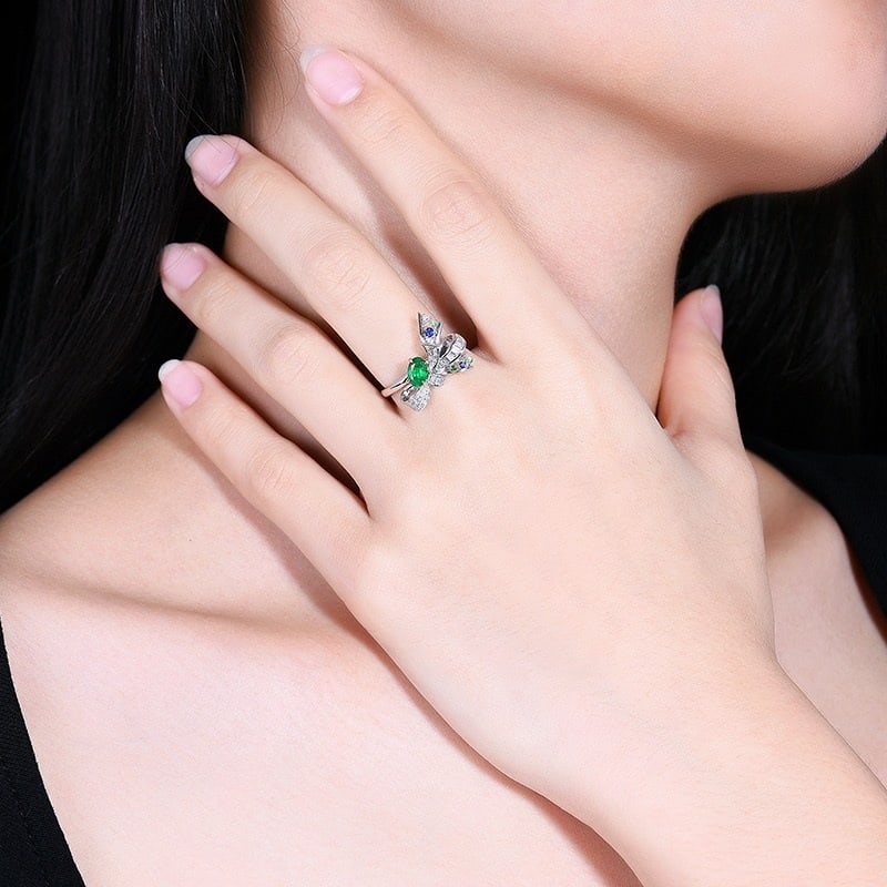 14k Gold 0.6 Ctw Vivid Green Natural Emerald & Diamond Ring - 7