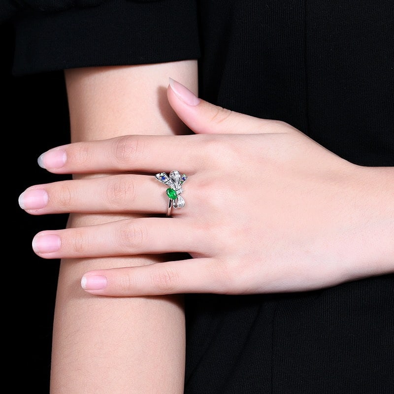 14k Gold 0.6 Ctw Vivid Green Natural Emerald & Diamond Ring - 8