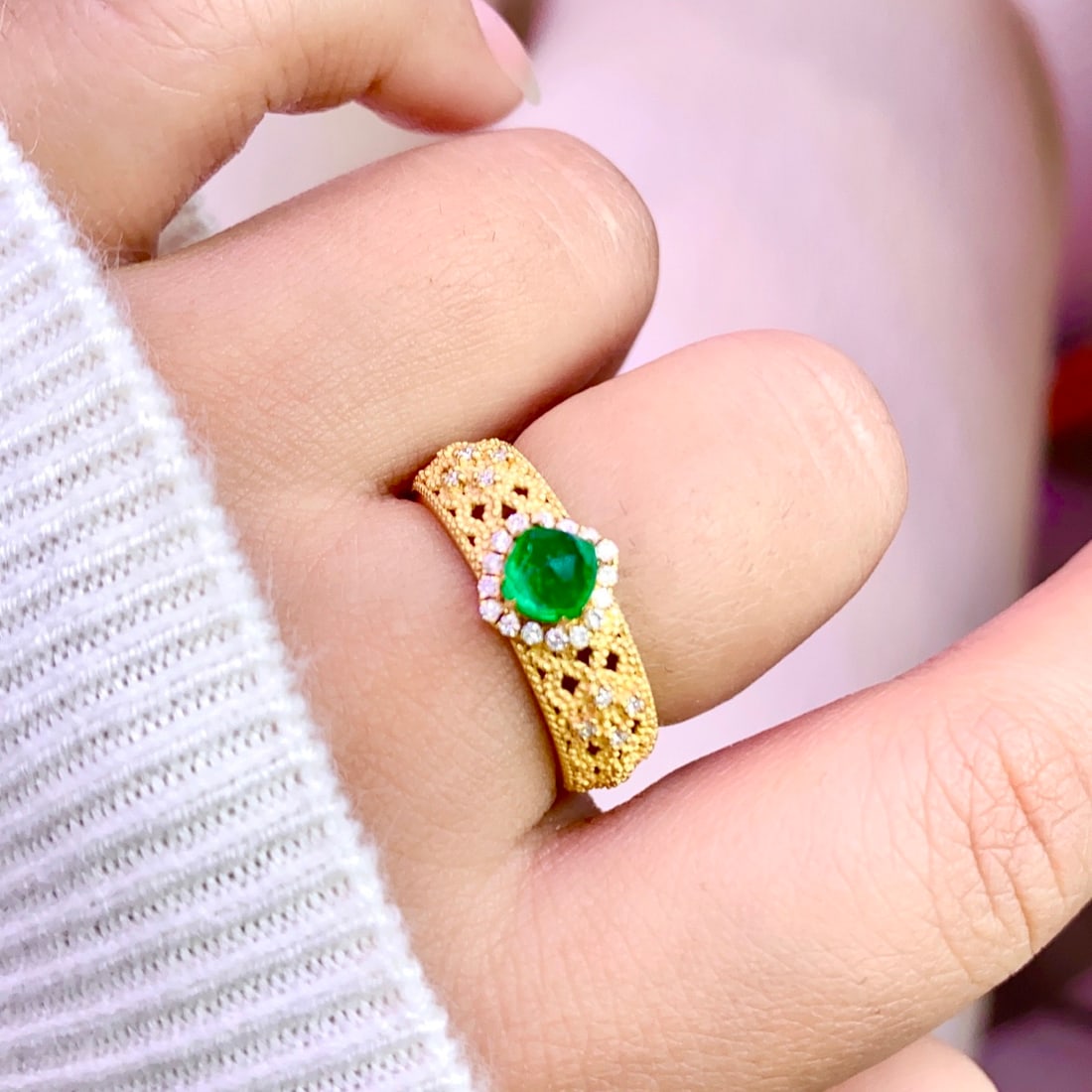 14k Gold 0.55 Ct Natural Emerald & Diamond Ring - 5