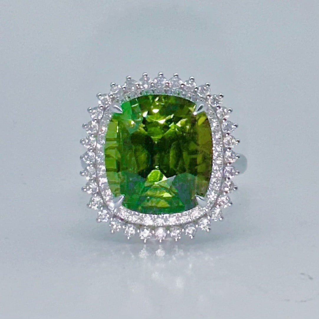 14k Gold 8.84 Ctw Natural Tourmaline & Diamond Ring/pendant( Without Chain ): Ref:231106302 // gold content:14k gold // ring size:7. 25us // // main gemstone:tourmaline // shape:cushion // carat weight:8. 09ct // color:green // treatment:natural // // adjacent gemstone 2 :