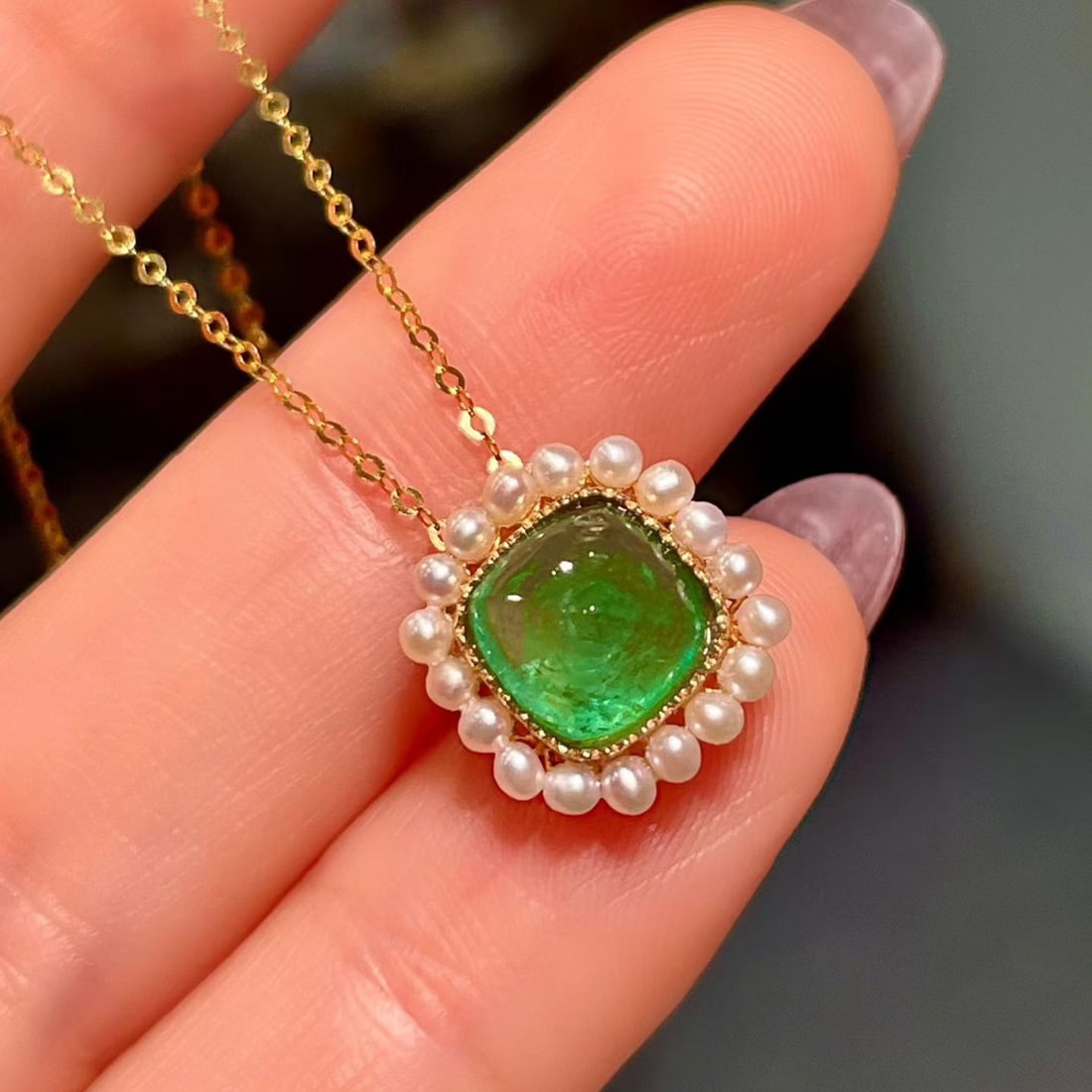 14k Gold 1.93 Ct Natural Emerald & Pearl Pendant( Without Chain ) - 2