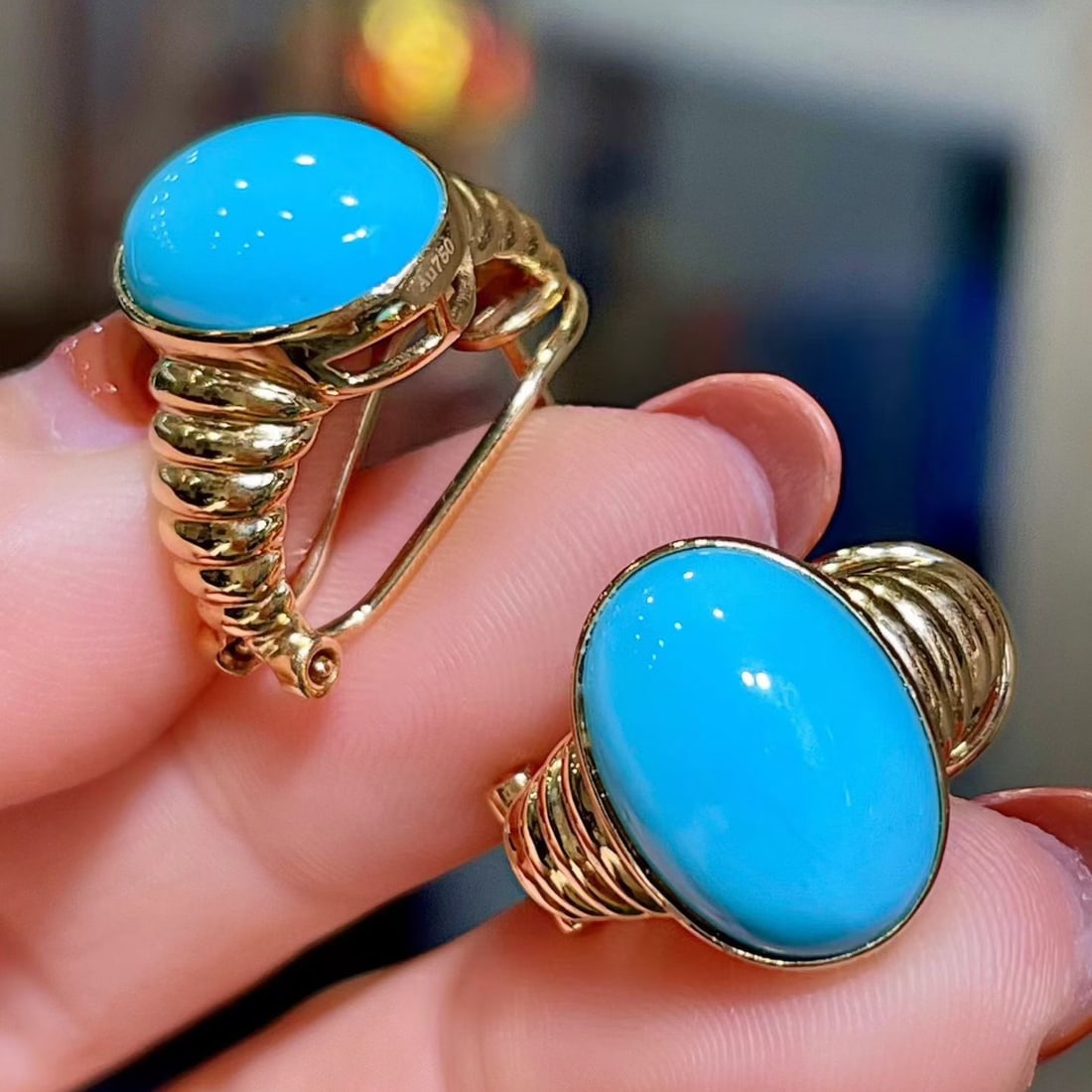 14k Gold 10.42 Ct Natural Blue Turquoise Earrings - 3