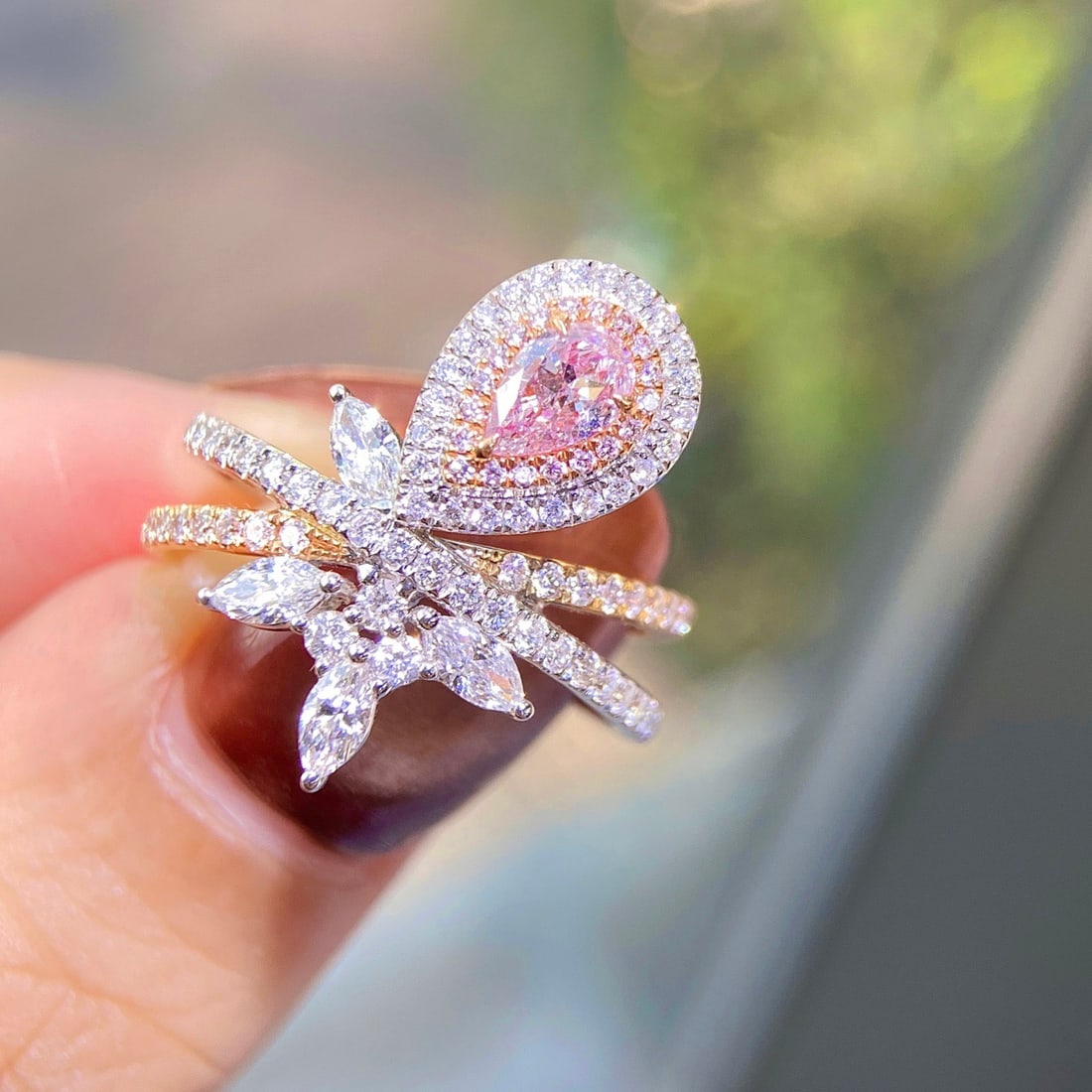 Gia Certified 14k Gold 1.17 Ctw Natural Pink Diamond & Diamond Ring: Ref:231106377 // gold content:14k gold // ring size:7. 25us // // main gemstone:pink diamond // certified:gia // shape:pear // carat weight:0. 32ct // clarity grade:vs2 // color:pink //