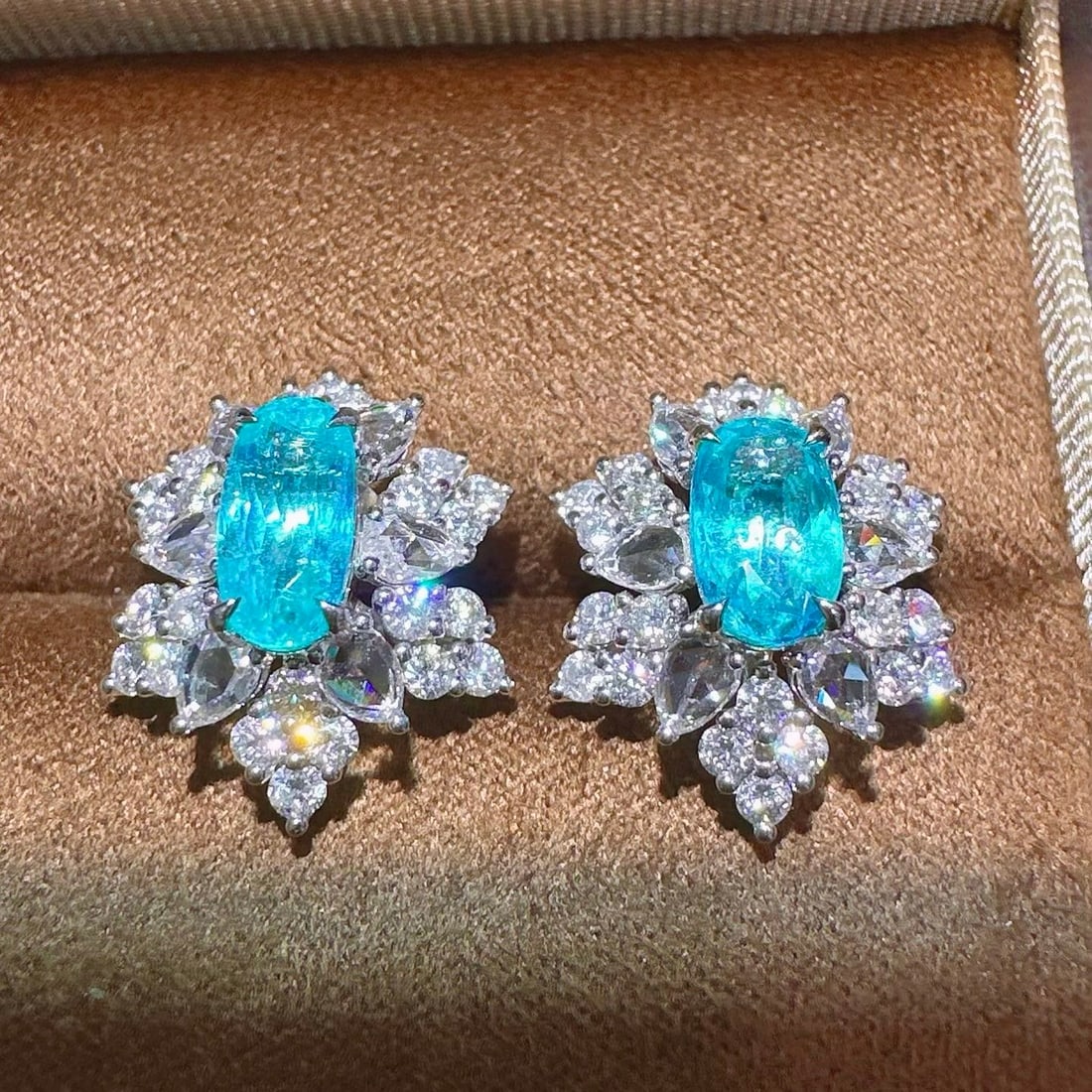 14k Gold 3.99 Ctw Natural Paraiba Tourmaline & Diamond Earrings - 2