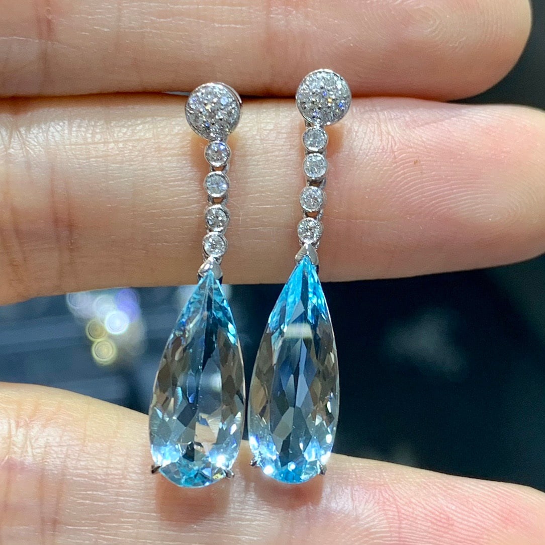 14k Gold 4.79 Ctw Natural Aquamarine & Diamond Earrings - 2