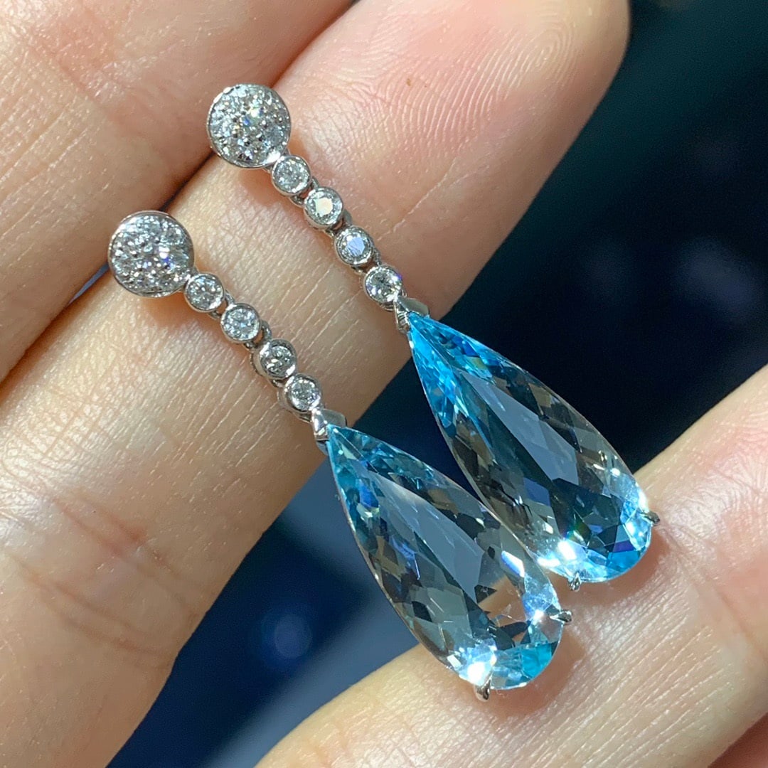 14k Gold 4.79 Ctw Natural Aquamarine & Diamond Earrings - 3