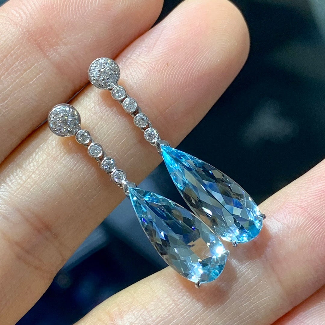 14k Gold 4.79 Ctw Natural Aquamarine & Diamond Earrings - 5