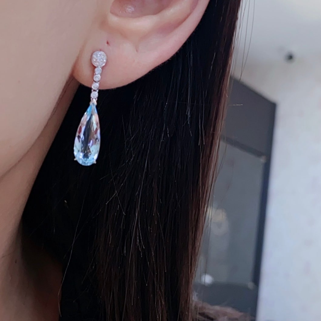 14k Gold 4.79 Ctw Natural Aquamarine & Diamond Earrings - 6