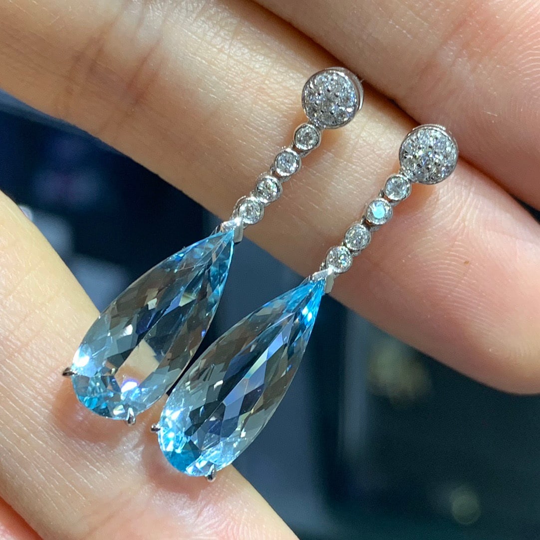 14k Gold 4.79 Ctw Natural Aquamarine & Diamond Earrings - 7