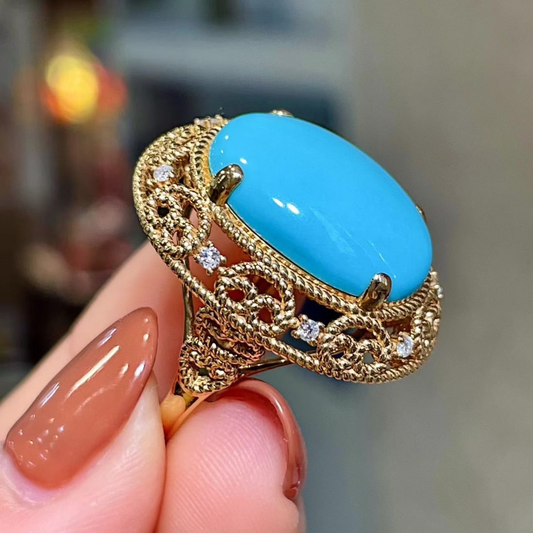 14k Gold 8.22 Ctw Natural Blue Turquoise & Diamond Ring - 3