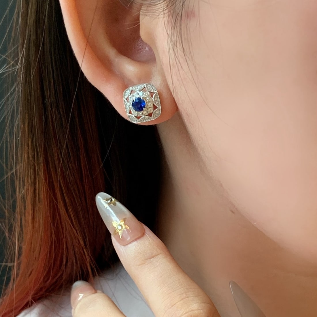 14k Gold 1.41 Ctw Natural Sapphire & Diamond Earrings - 4