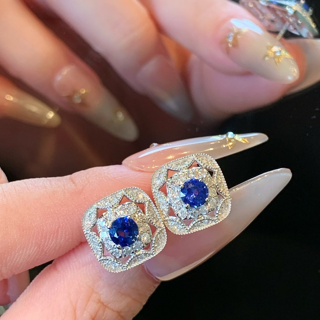 14k Gold 1.41 Ctw Natural Sapphire & Diamond Earrings - 5