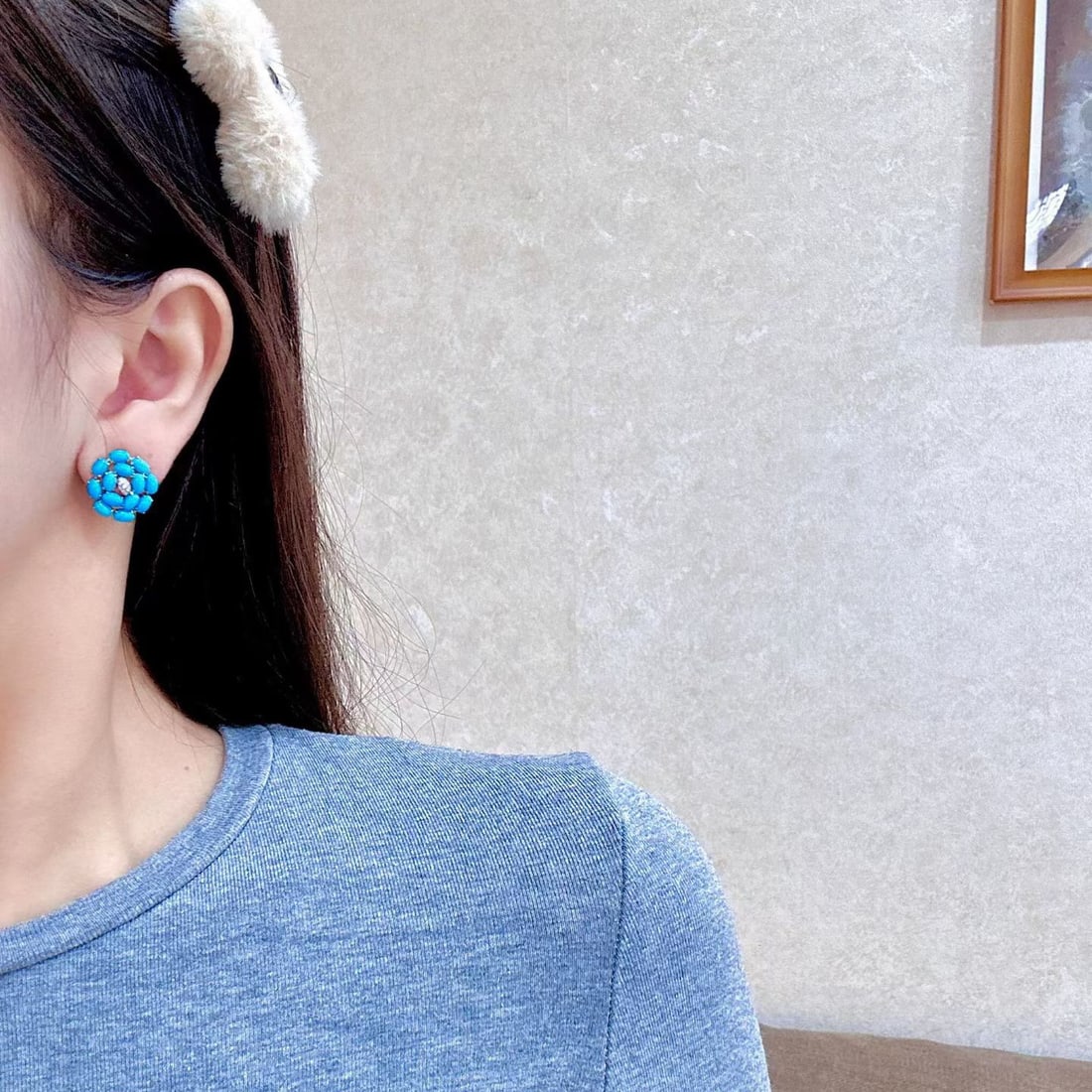 14k Gold 4.43 Ct Natural Blue Turquoise & Diamond Earrings - 4