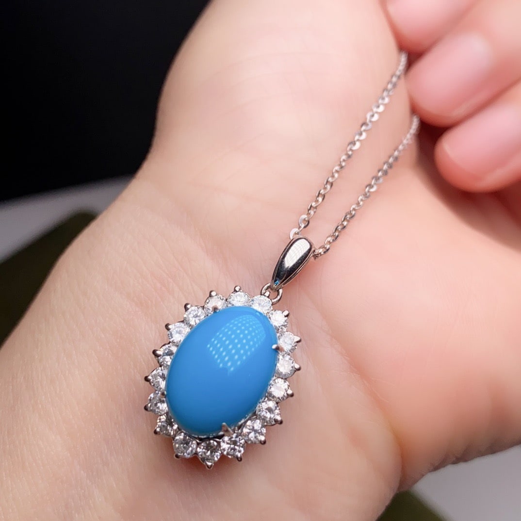 14k Gold 6.11 Ctw Natural Blue Turquoise & Diamond Pendant( Without Chain ): Ref:231106408 // gold content:14k gold // main gemstone:blue turquoise // shape:oval // carat weight:5. 16ct // color:blue // treatment:natural // // adjacent gemstone 2 : diamond // shape:round //