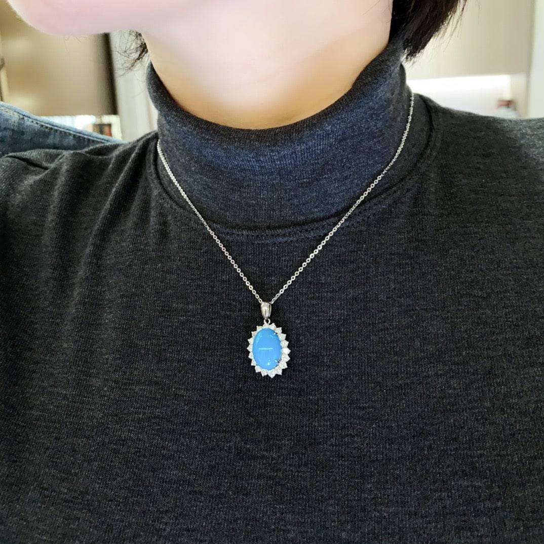 14k Gold 6.11 Ctw Natural Blue Turquoise & Diamond Pendant( Without Chain ) - 2