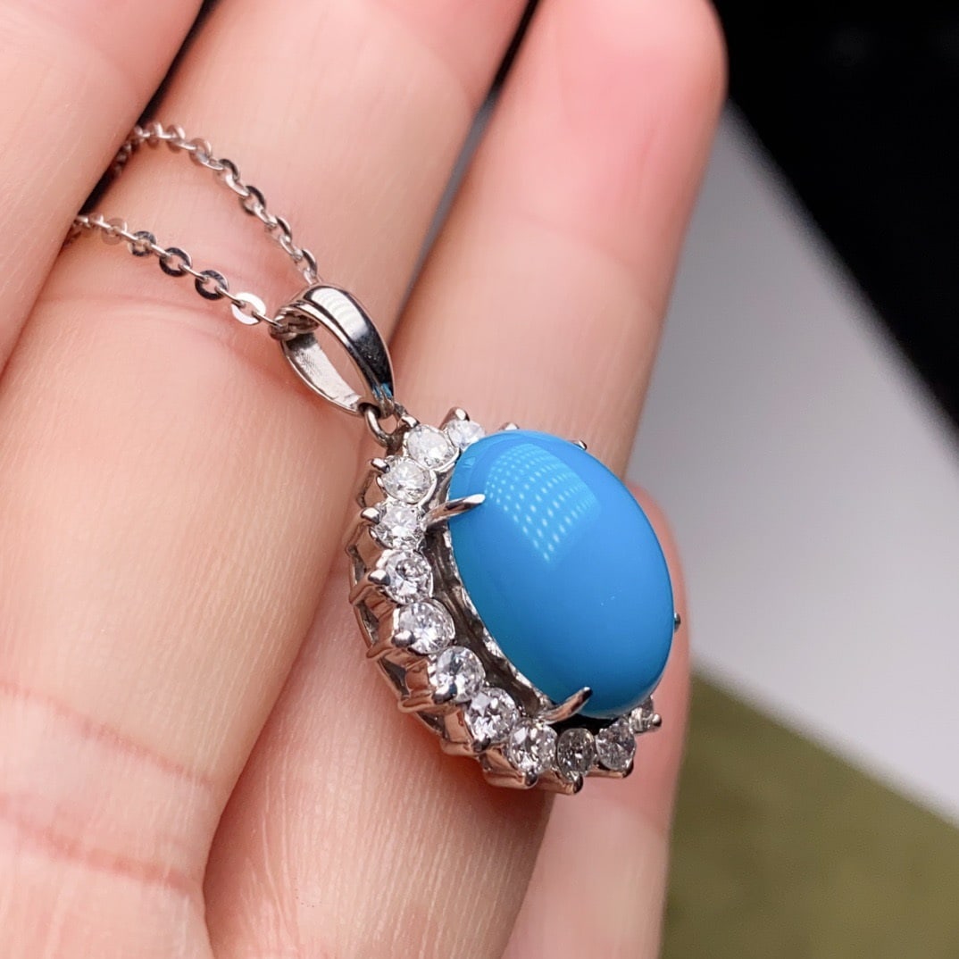 14k Gold 6.11 Ctw Natural Blue Turquoise & Diamond Pendant( Without Chain ) - 3