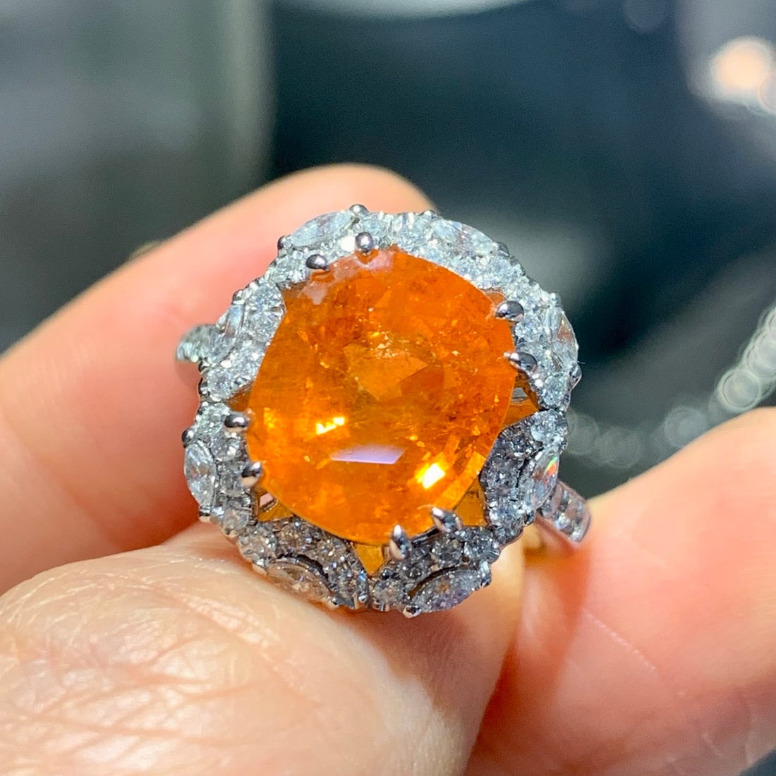 14k Gold 8.64 Ctw Natural Spessartine & Diamond Ring: Ref:231106412 // gold content:14k gold // ring size:7. 25us // // main gemstone:spessartine // shape:cushion // carat weight:6. 97ct // color:orange // treatment:natural // // adjacent gemstone 2
