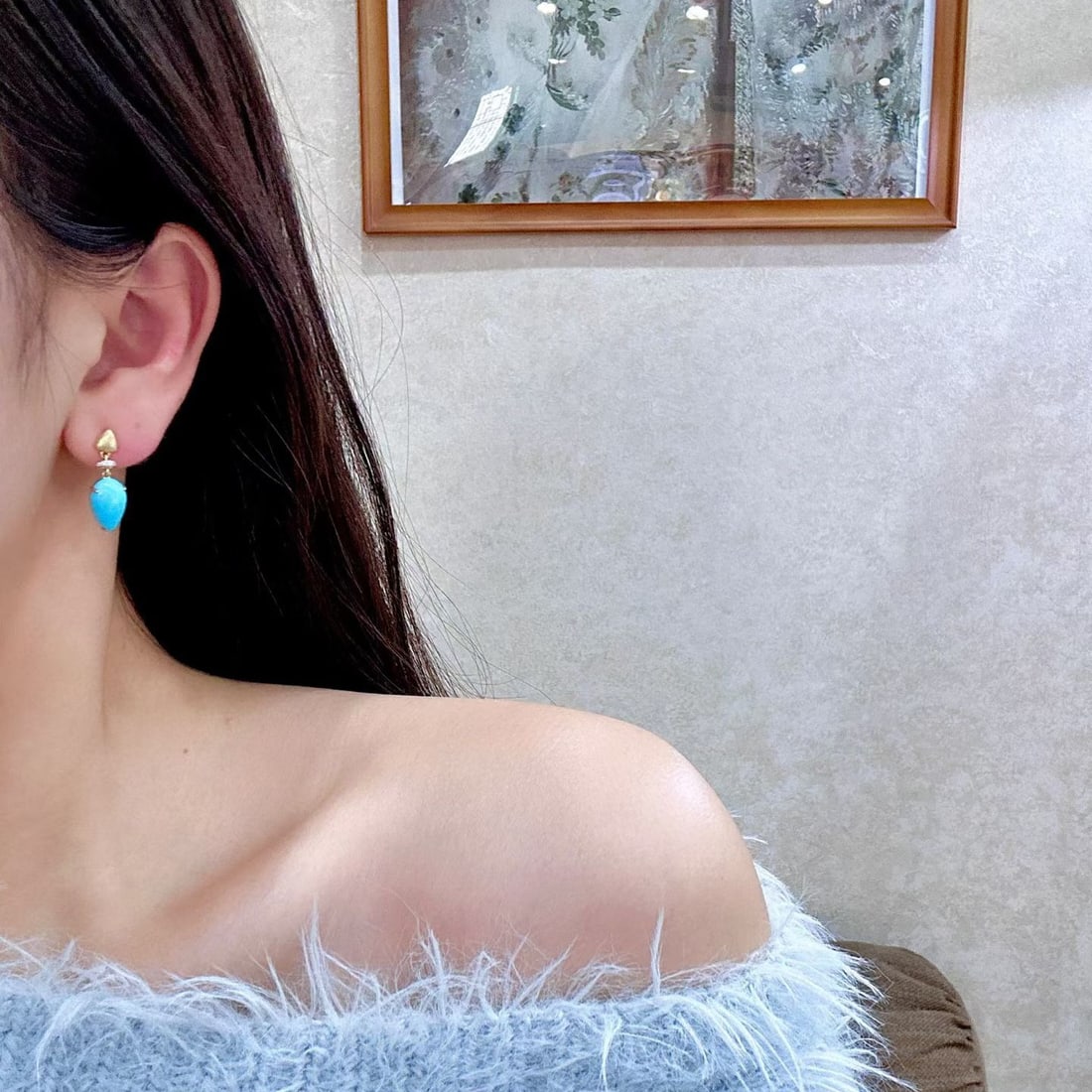 14k Gold 4.82 Ct Natural Blue Turquoise & Diamond Earrings - 4