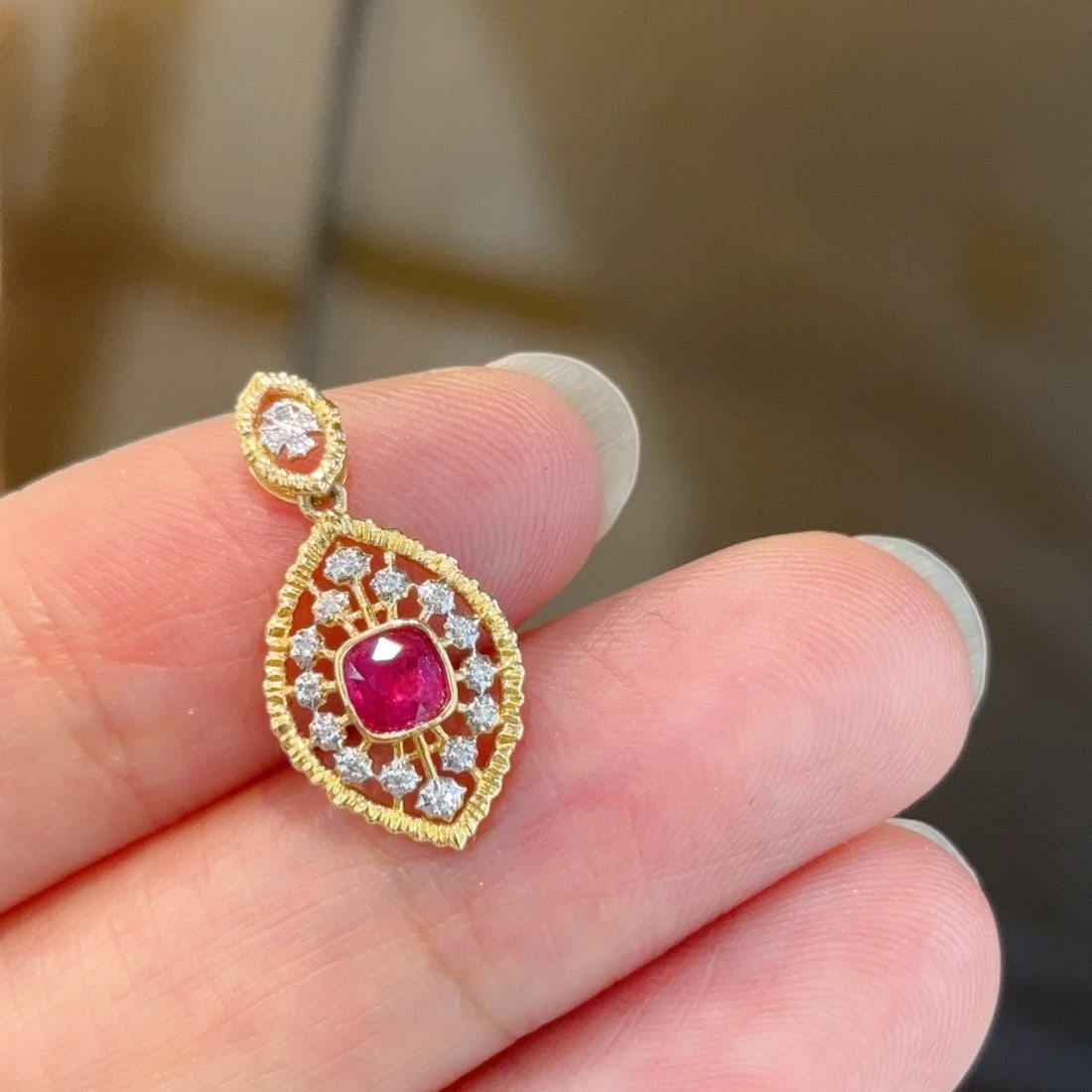 14k Gold 0.3 Ct Natural Ruby & Diamond Pendant( Without Chain ) - 2