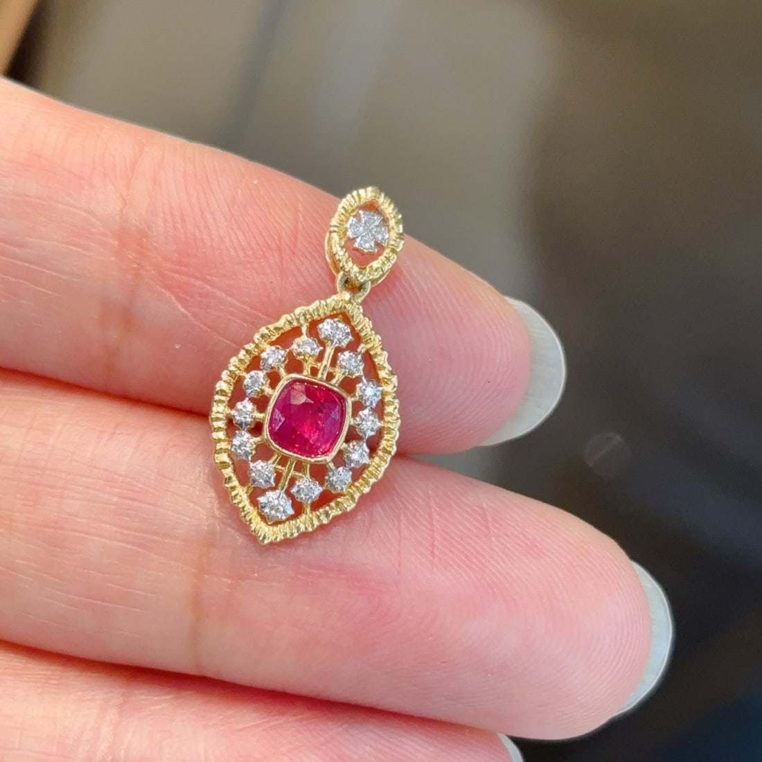 14k Gold 0.3 Ct Natural Ruby & Diamond Pendant( Without Chain ) - 3