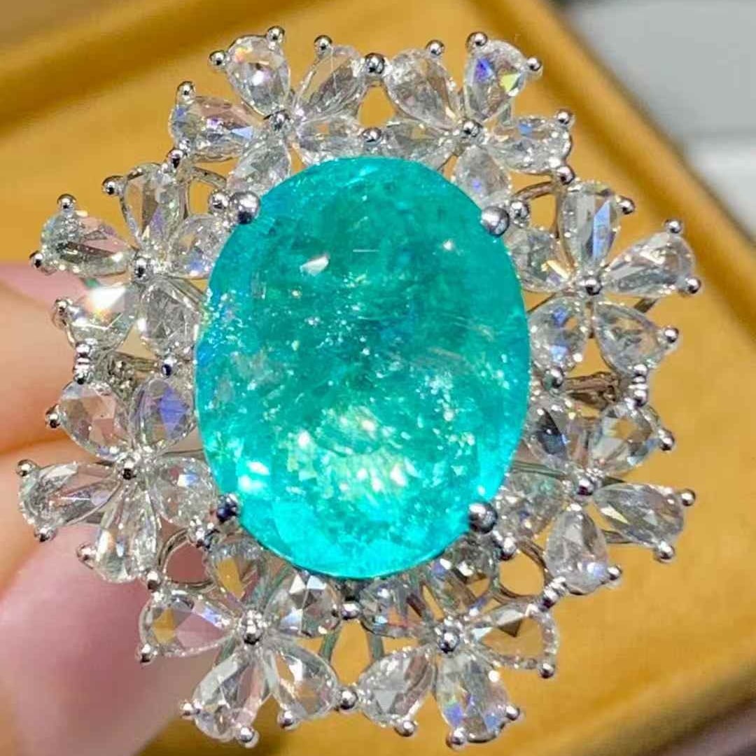 14k Gold 6.68 Ct Natural Paraiba Tourmaline & Diamond Ring - 2