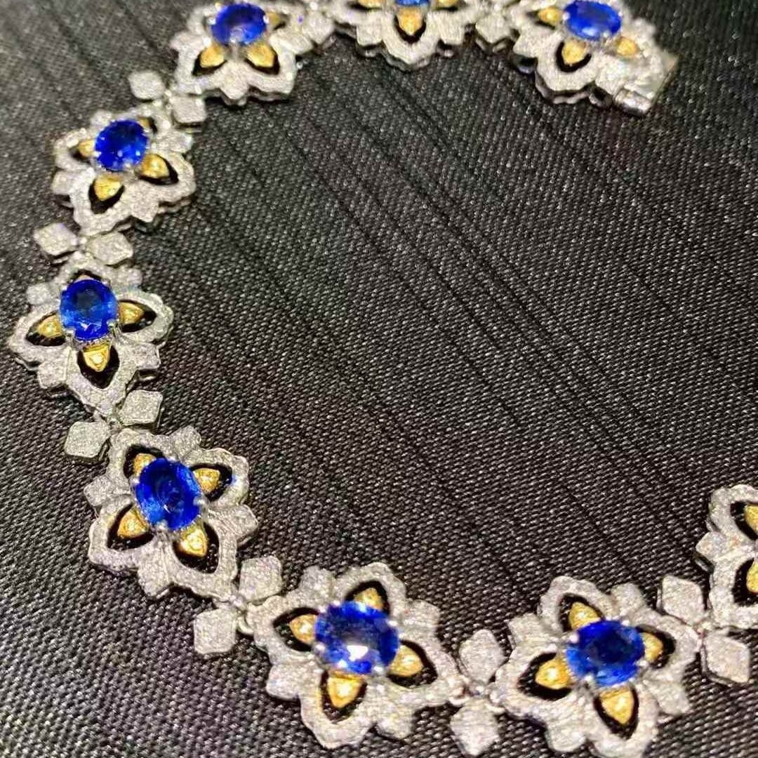 14k Gold 7.2 Ct Natural Sapphire & Diamond Bracelet - 5
