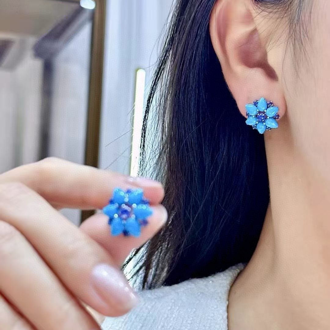 14k Gold 6.32 Ctw Natural Blue Turquoise & Sapphire Earrings - 3