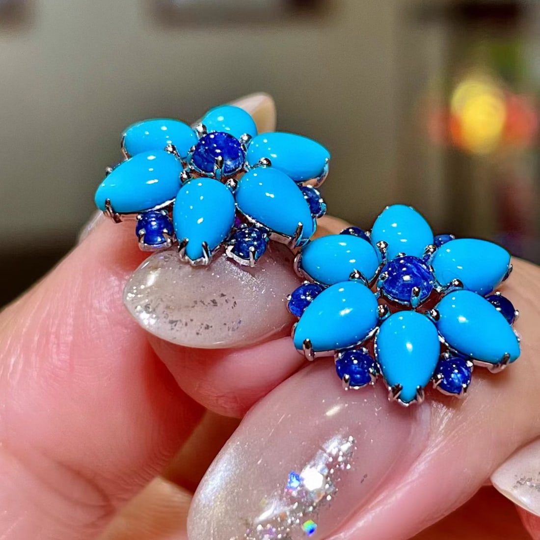 14k Gold 6.32 Ctw Natural Blue Turquoise & Sapphire Earrings - 4