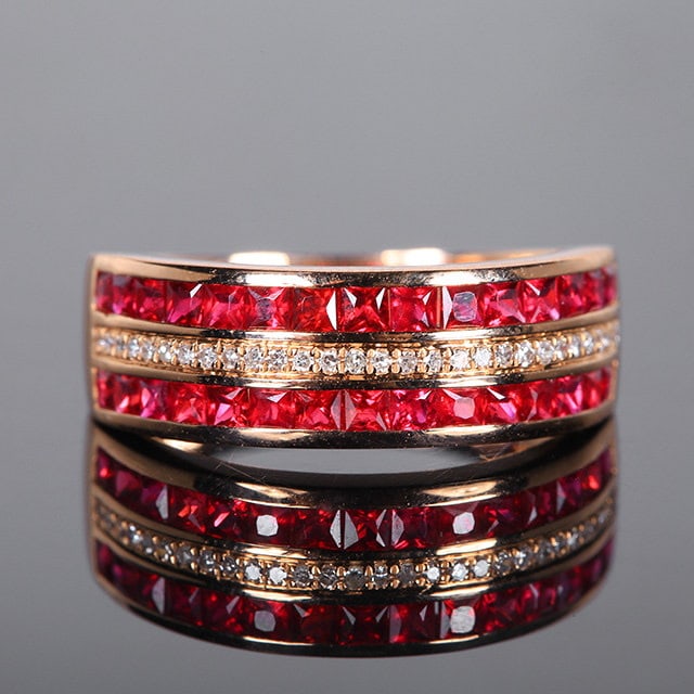 14k Gold 1.18 Ctw Natural Ruby & Diamond Ring: Ref:231107148 // gold content:14k gold // ring size:7. 25us // // main gemstone:ruby // shape:princess // carat weight:1. 1ct // color:red // treatment:natural // // adjacent gemstone 2 : diamond