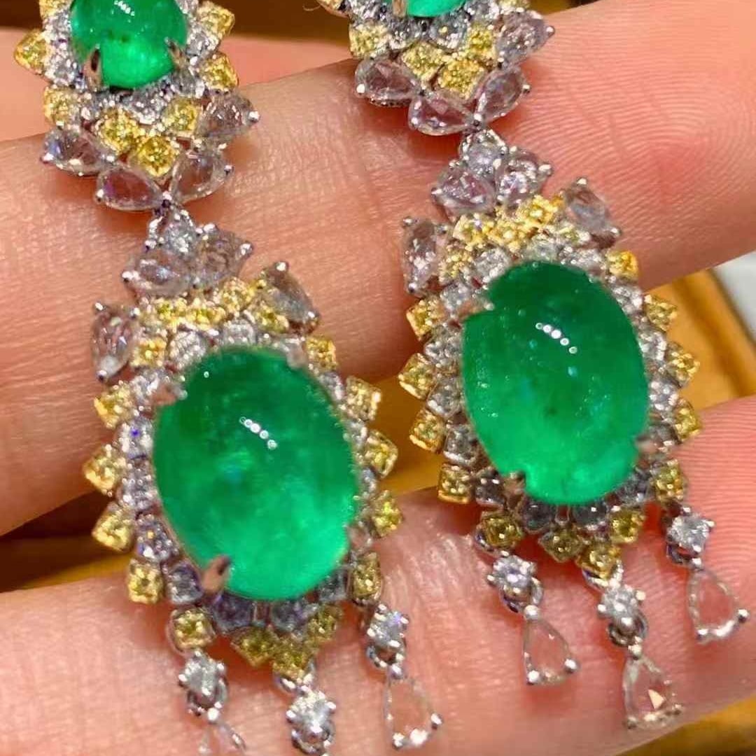 14k Gold 7 Ct Natural Emerald & Diamond Earrings - 2