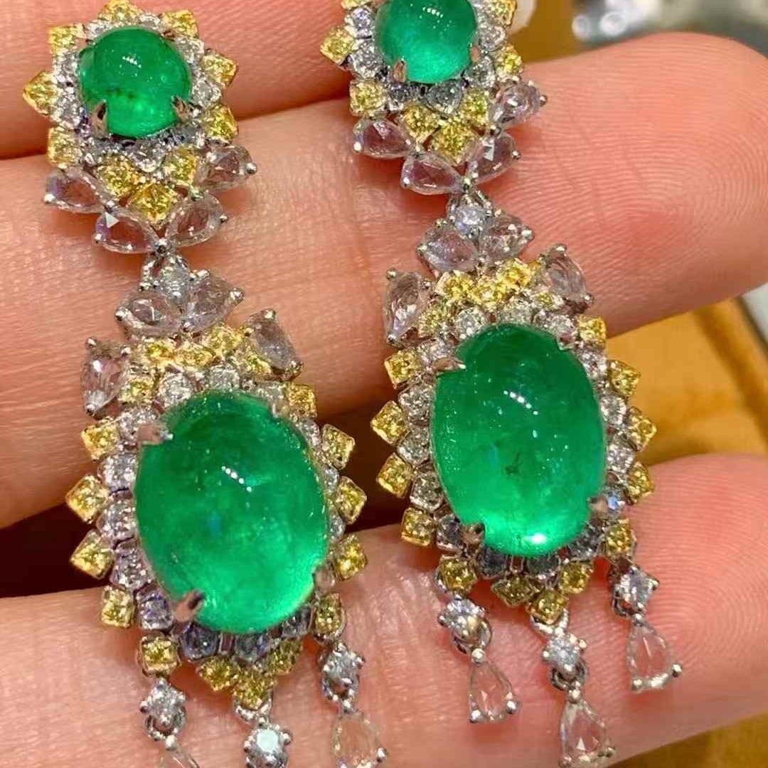 14k Gold 7 Ct Natural Emerald & Diamond Earrings - 5