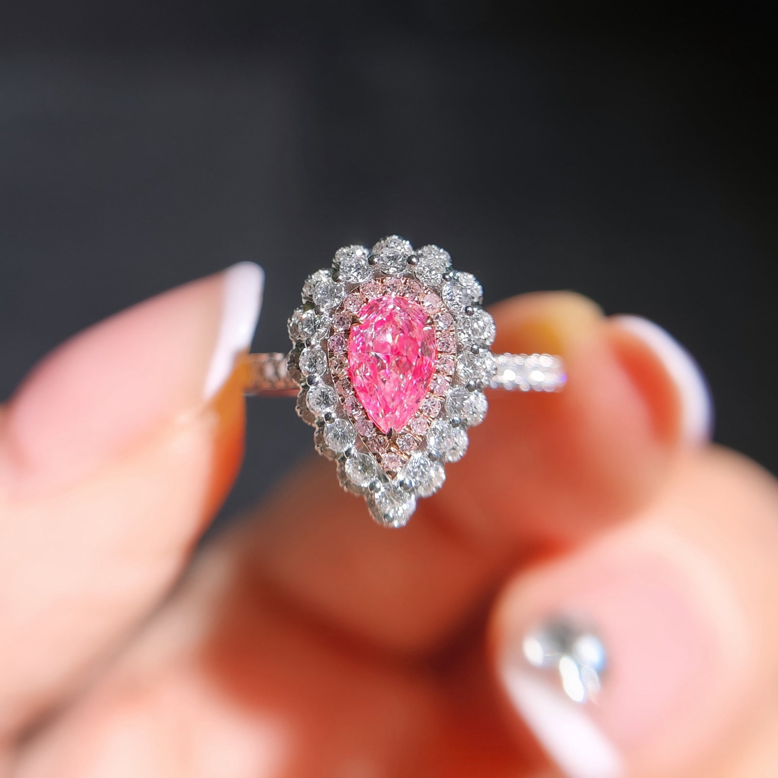 14k Gold 1.00 Ctw Natural Pink Diamond & Diamond Ring/pendant( Without Chain ): Ref:231107202 // gold content:14k gold // ring size:7. 25us // // main gemstone:pink diamond // shape:pear // carat weight:0. 50ct // color:pink // treatment:natural // // adjacent gemstone 2 :