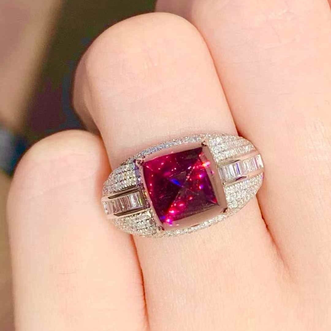 14k Gold 5.6 Ct Natural Tourmaline & Diamond Ring: Ref:231107223 // gold content:14k gold // ring size:7. 25us // // main gemstone:tourmaline // shape:sugar-loaf // carat weight:5. 6ct // color:red // treatment:natural // // adjacent gemstone 2 :