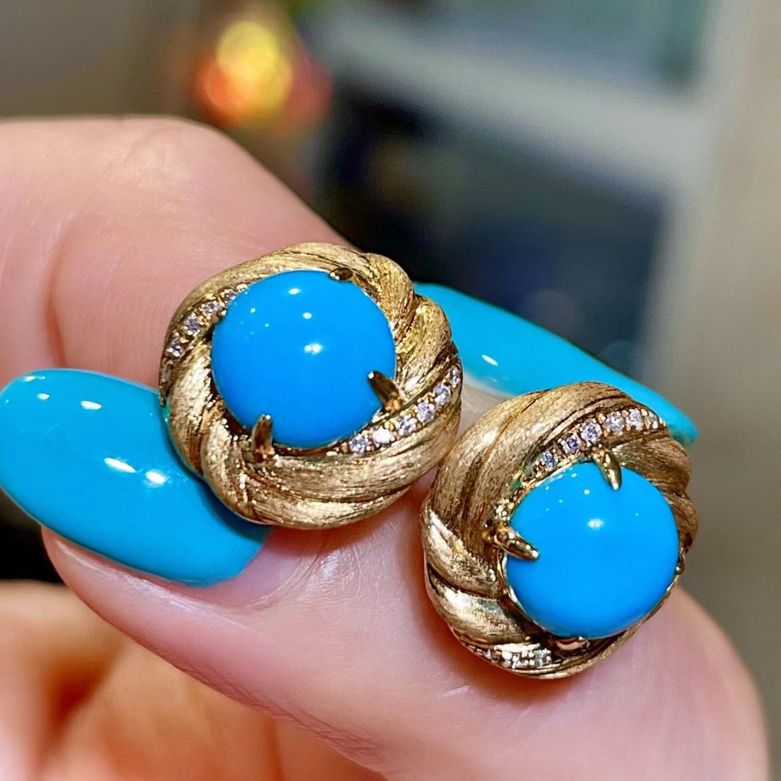 14k Gold 3.60 Ctw Natural Blue Turquoise & Diamond Earrings - 3