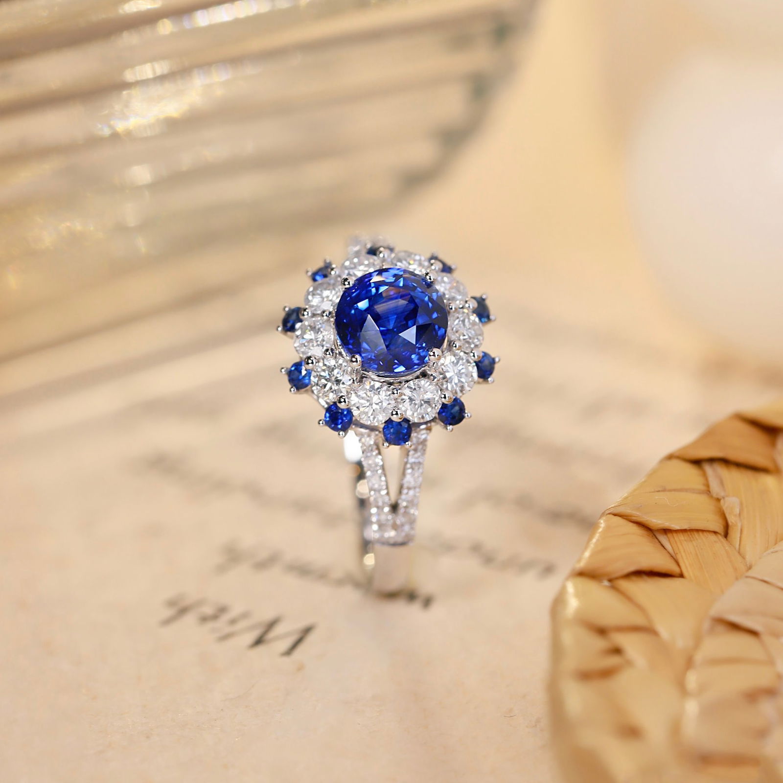 14k Gold 2.02 Ctw Natural Sapphire & Diamond Ring: Ref:231108045 // gold content:14k gold // ring size:7. 25us // // main gemstone:sapphire // shape:round // carat weight:1. 42ct // color:blue // treatment:natural // cut grade:g // // adjacent gemston