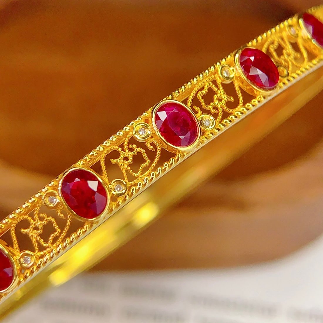 14k Gold 3 Ct Vivid Red Natural Ruby & Diamond Bangle - 3