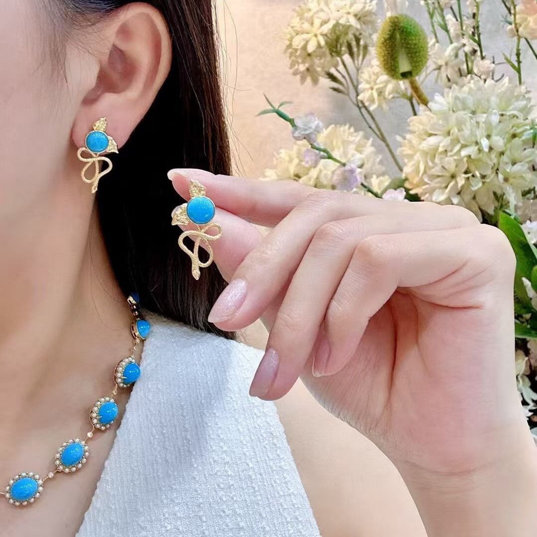 14k Gold 3.98 Ct Natural Blue Turquoise Earrings - 4