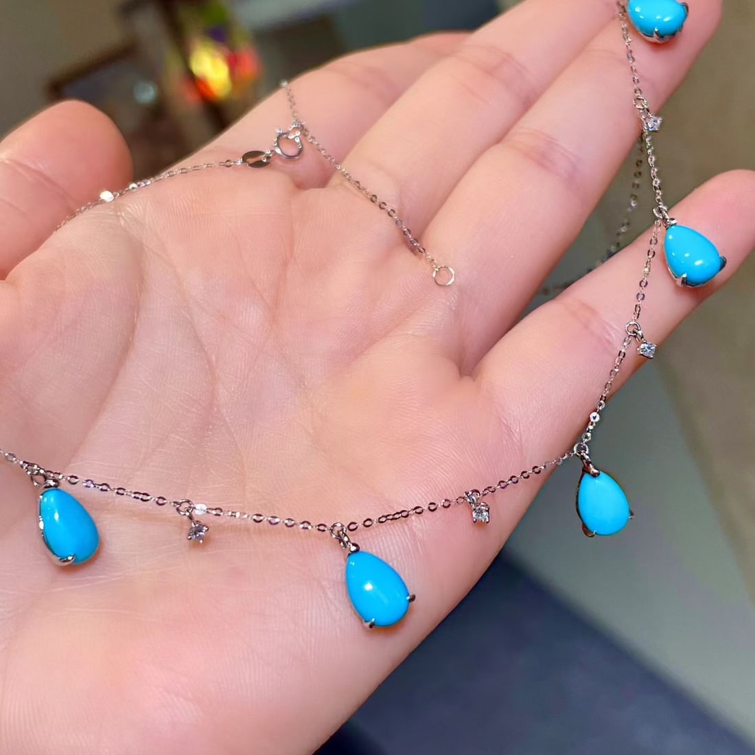 14k Gold 6.48 Ctw Natural Blue Turquoise & Diamond Necklace - 2