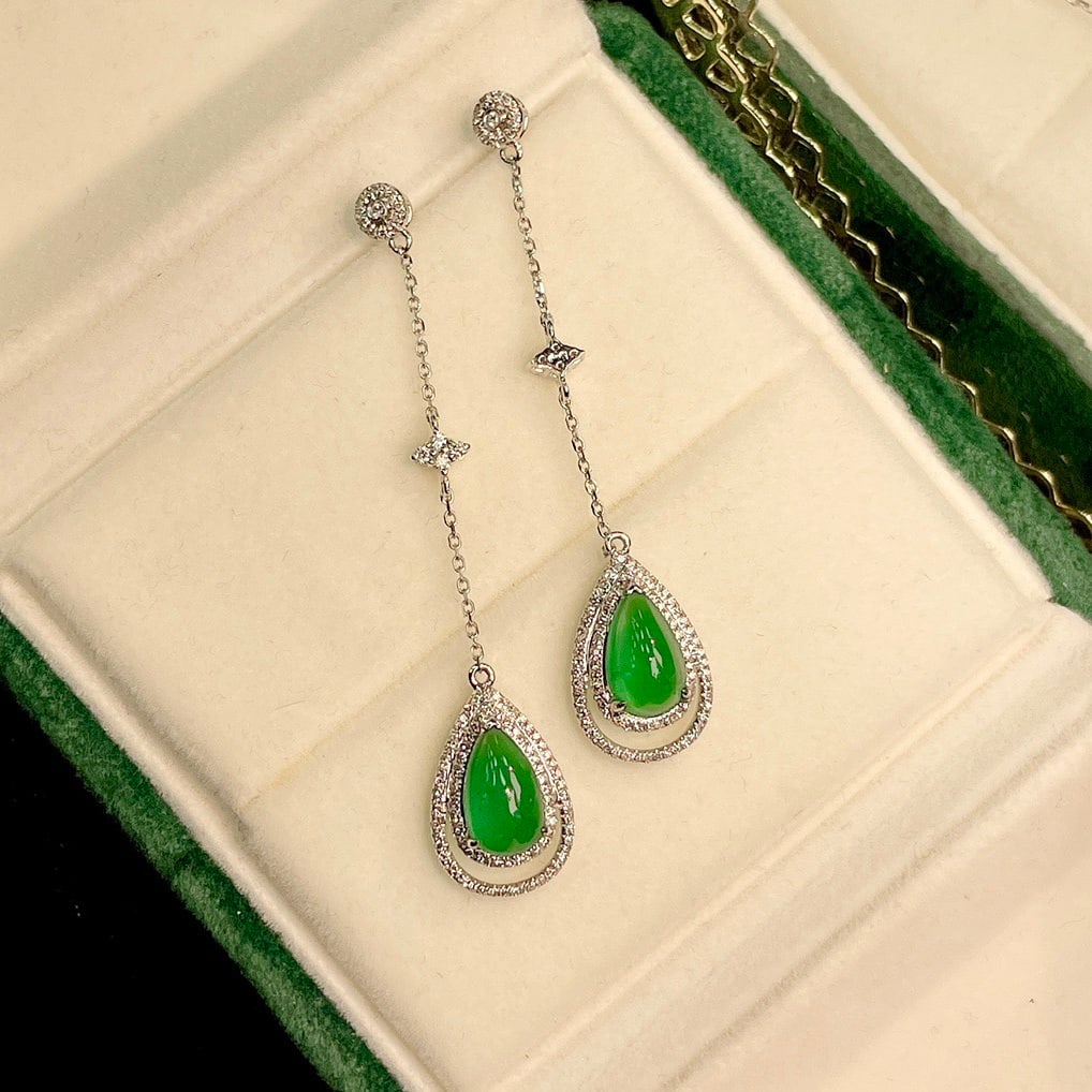 14k Gold 4 Ct Natural Emerald & Diamond Earrings - 4