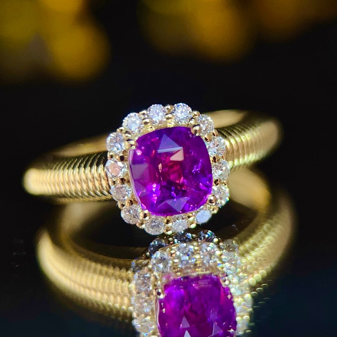 14k Gold 1.68 Ct Natural Sapphire & Diamond Ring: Ref:231108202 // gold content:14k gold // ring size:7. 25us // // main gemstone:sapphire // shape:cushion // carat weight:1. 68ct // color:purple // treatment:natural // // adjacent gemstone 2 :